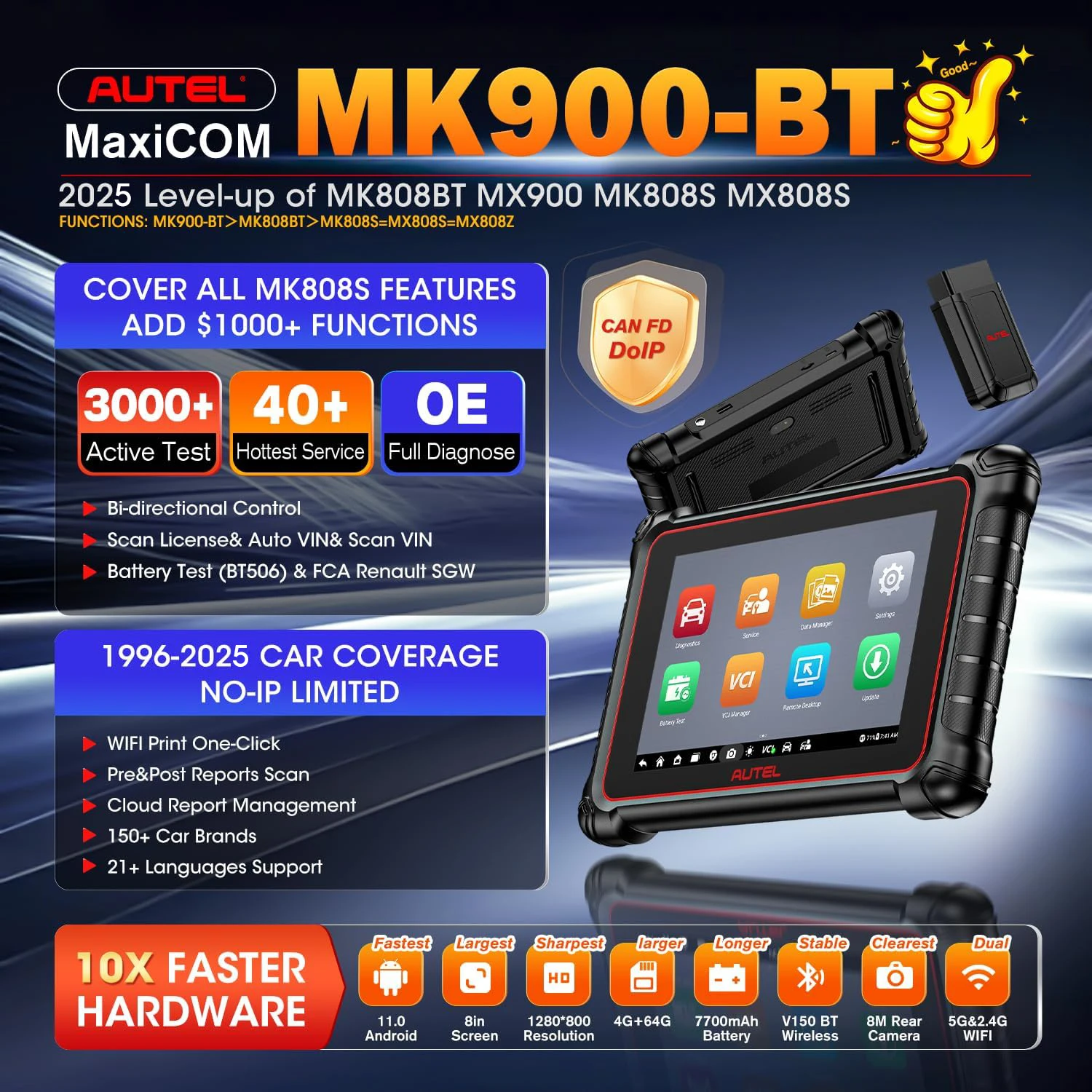 Autel MaxiCOM MK900 BT MK900BT 8-Zoll-Autodiagnosetools 40+ Dienstleistungen CAN FD DOIP OBD2-Scanner-Upgrade von MK808BT Pro MK808S