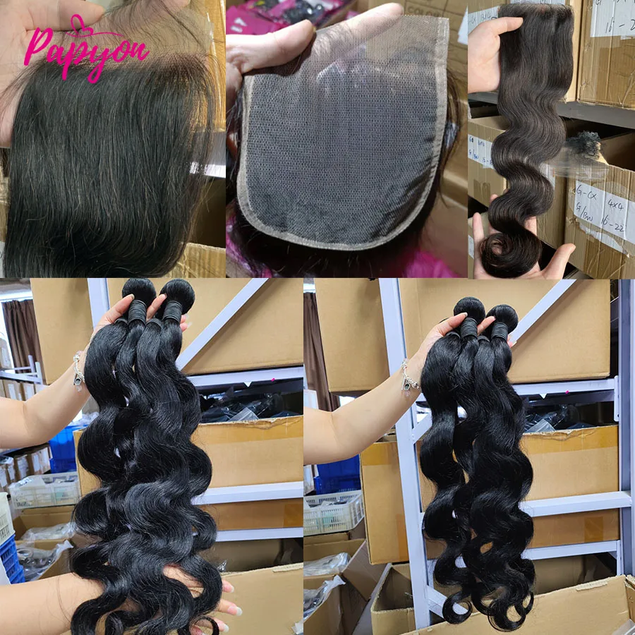 Pacotes de cabelo humano com fechamento 5x5 pacotes de onda do corpo brasileiro com fechamento 4x4 extensões tecer cabelo humano 3/4 pacotes remy