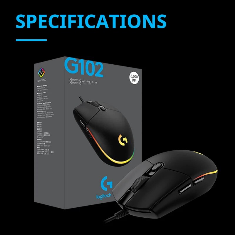 Ratón Logitech G102 ratón ergonómico Original óptico 8000DPI 16,8 M Color LED personalizado 6 botones con cable accesorios para Juegos de Pc
