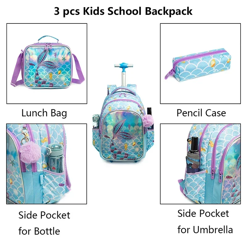 Conjunto de mochila infantil com rodas, mochila escolar com bolsa de almoço isolada e estojo de lápis para meninos e meninas