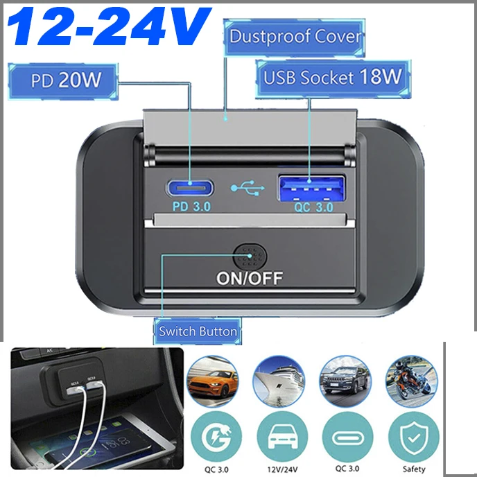 12/24V QC3.0 PD Autolader Socket Quick Charge Dual USB met AAN/UIT Outlet Panel Adapter voor Vrachtwagen Camper Caravan Accessoires