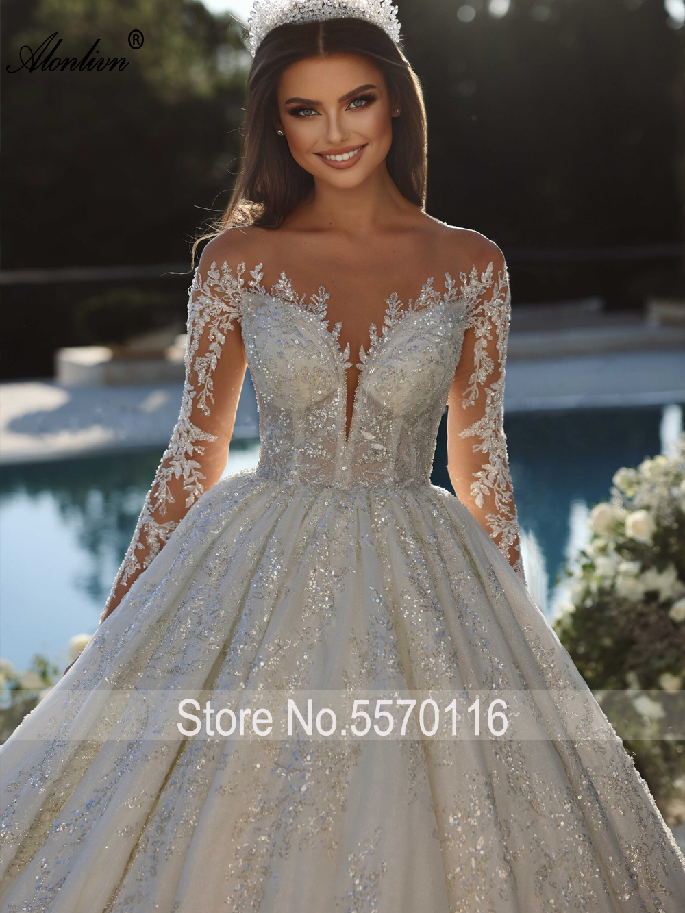 AlonLivn-レースのウェディングドレス,袖付きの豪華なウェディングドレス,女性用,ネックレスヒジャーブ,刺embroidery