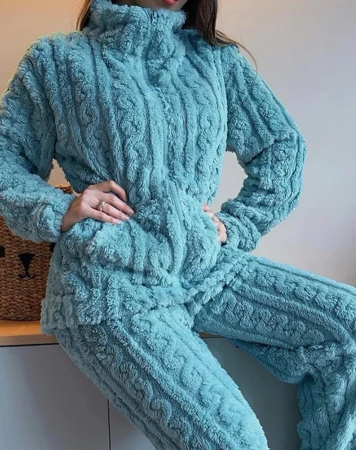 レディース パジャマ 2 点セット 秋 ジャカード テクスチャード スタンドカラー ジップアップ ファジー テディ 長袖 トップ & パンツ セット 厚手 暖かい