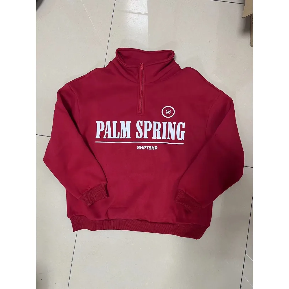 Zekye Spring Hoodies Women Letter Print Sweatshirt Hoodie Red Turtleneck Half Zipper Collar Pullover Tops K Pop Clothes Y2k