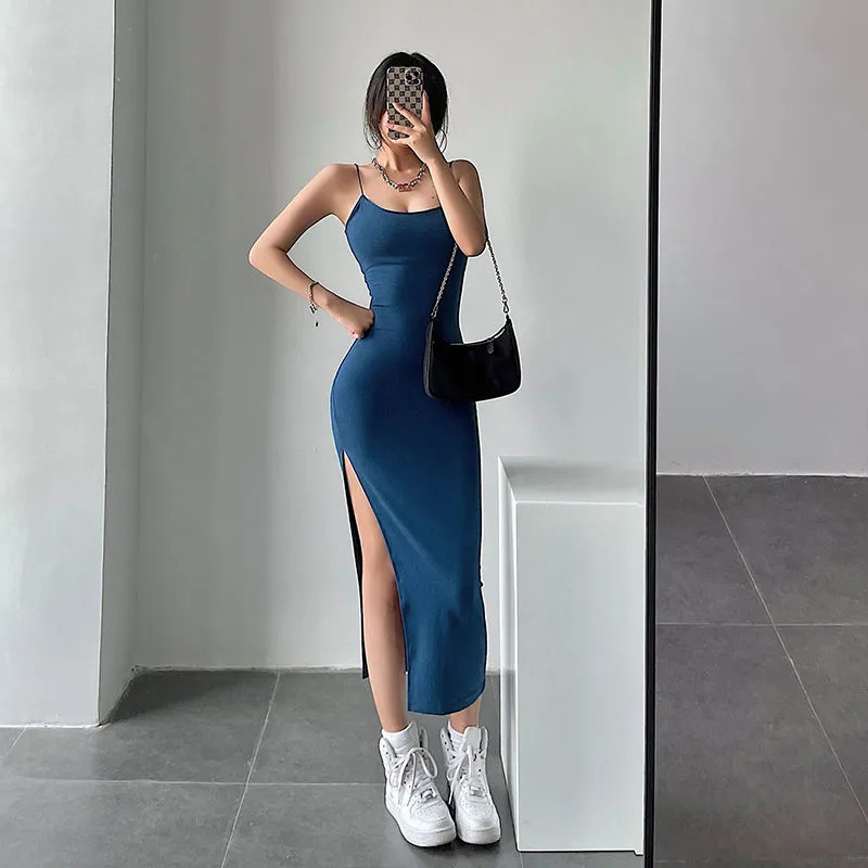 Rimocy 2024 Neue Sexy Ärmelloses Dünnes Langes Kleid Frauen Party Club Hohe Split Spaghetti Strap Kleider Frau, Figurbetontes Kleid Weibliche