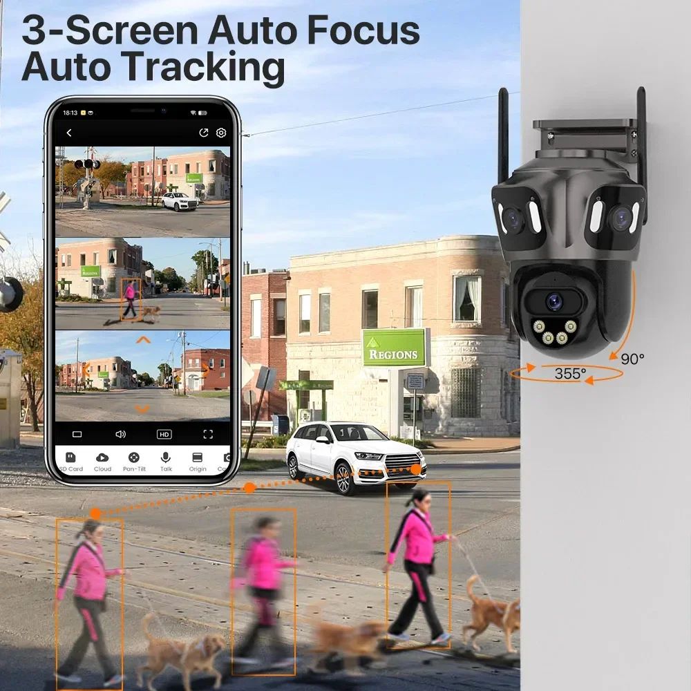 Drie lenzen buiten 4K HD WIFI IP-camera PTZ-camera met drie schermen Ai Menselijke detectie IP66 Waterdichte CCTV-videobewaking iCsee