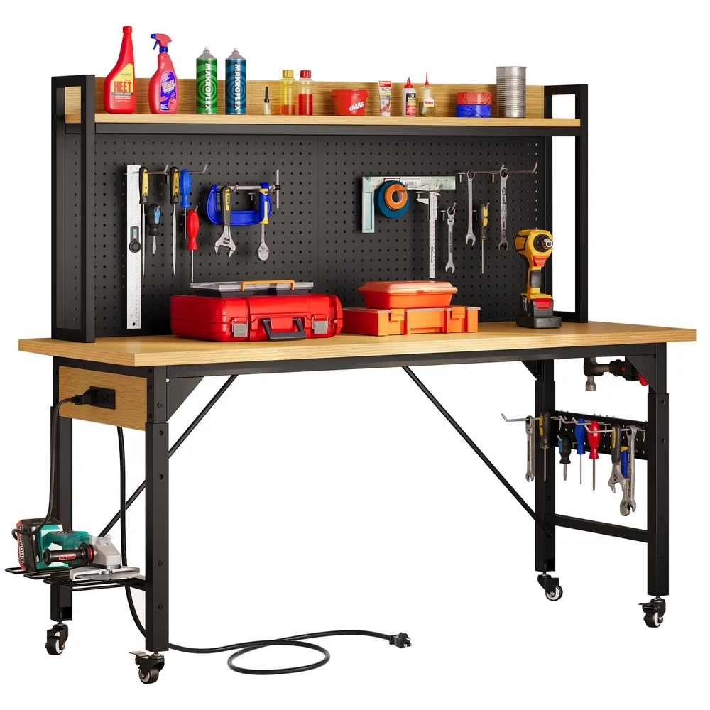 Multifunctional Heavy-Duty Workbench with Wheels Pegboard Power Outlets Adjustable Height 2000lbs Capacity Garage Workshop Tool