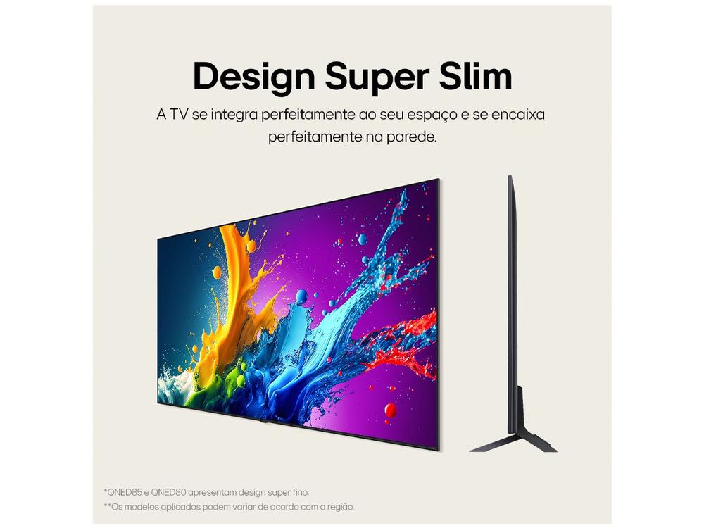 Smart TV 65" 4K QNED LG 65QNED80TSA WebOS 24 Processador α5 Ger7 Wi-Fi Bluetooth com Alexa e Chromecast 3 HDMI 2 USB