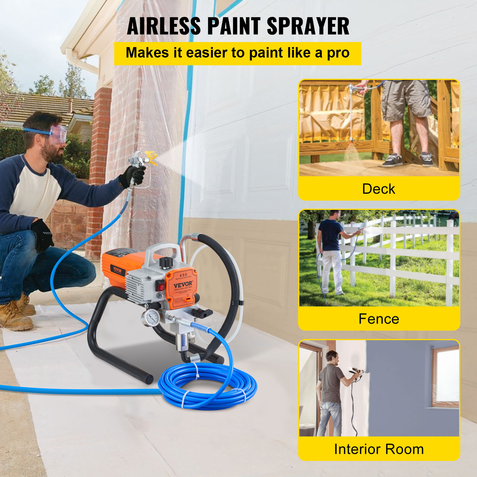 VEVOR Pro Airless-Wandfarbspritzgerät, 1800 W elektrisches Spritzpistolen-Set, einstellbarer Sprühdruck mit Rohr für Wand- und Decken-/Holz- und Metallfarbe