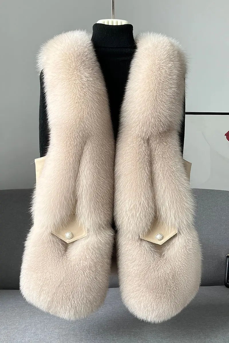 2023 neue Fuchs pelz Gras weste Damen mittellanges Leder und Fell einteiliger echter Woll-Tanktop