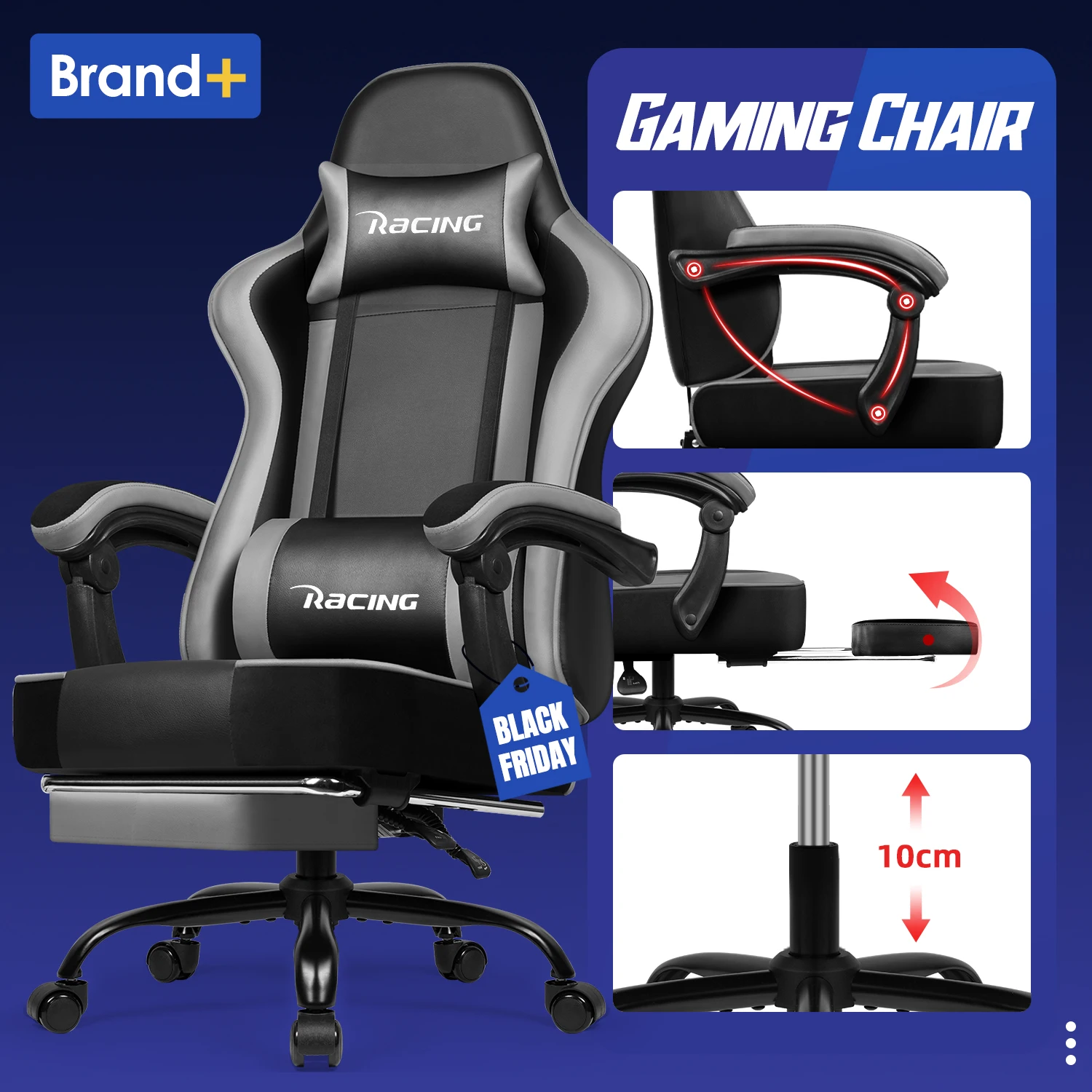 AUTHMIC Ergonomischer Gaming-Stuhl mit 170er °   Liegende Rückenlehne, faltbare Fußstütze, weiche Armlehnen, 150 kg, atmungsaktives Material