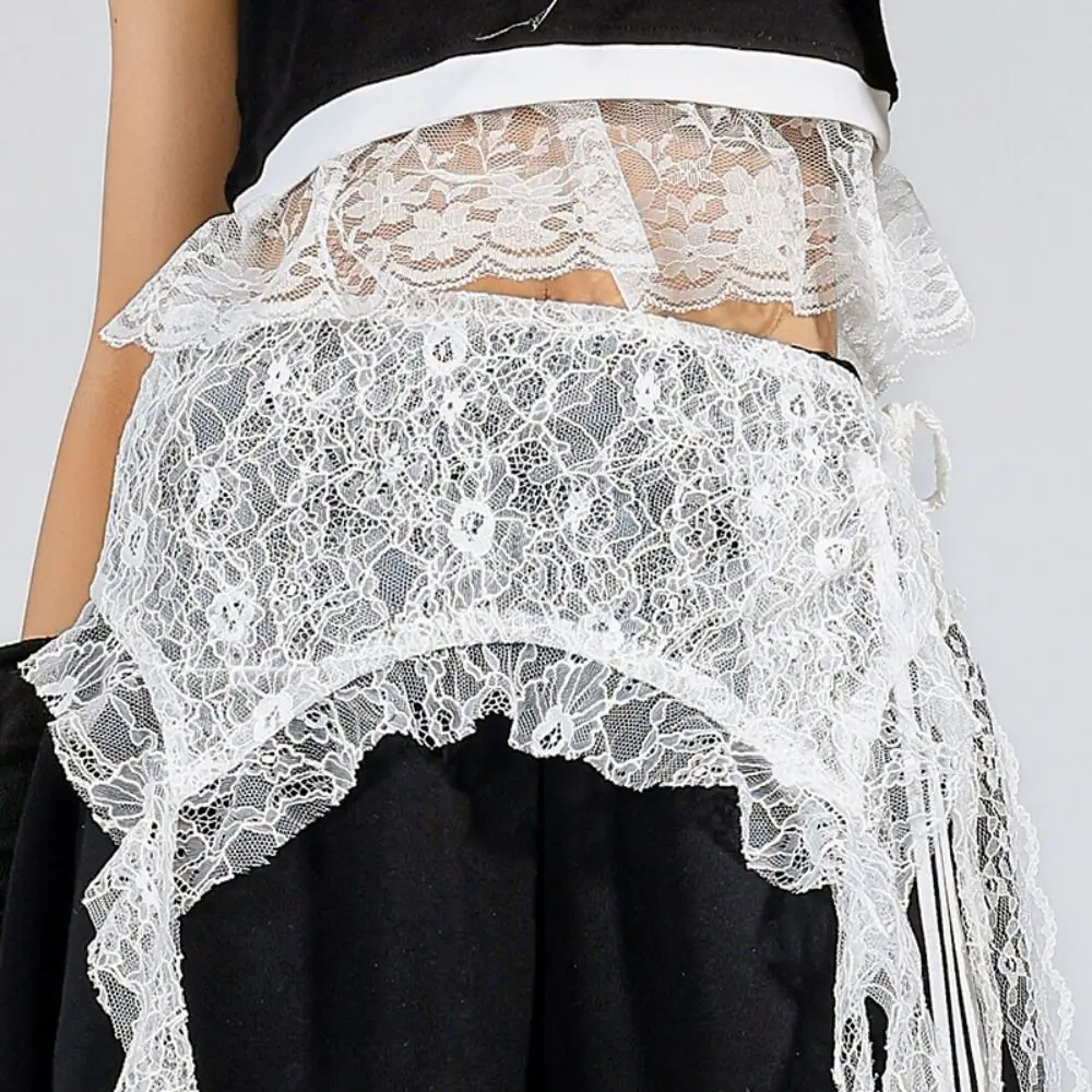 Mini saia bordada de renda com flores, irregular, y2k, streetwear, saias franzidas, cintura alta, transparente, renda, saia com babados