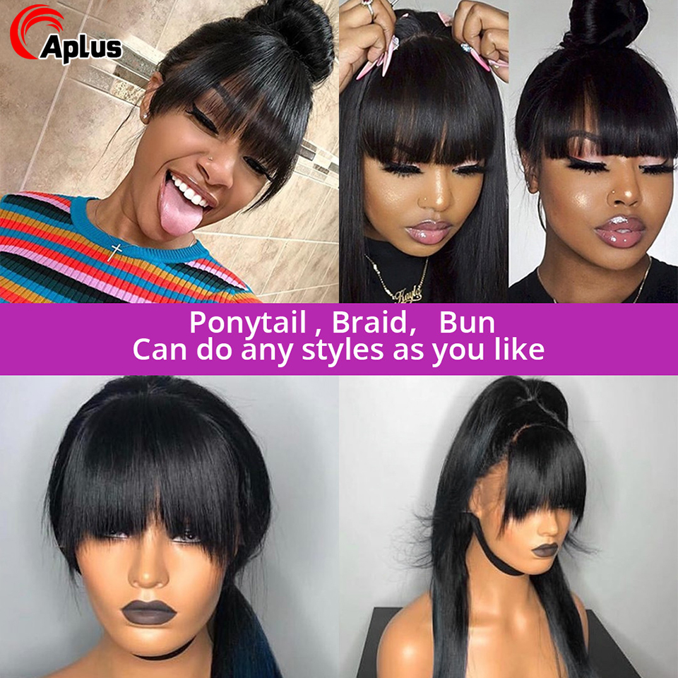 Pelucas delanteras de encaje recto con flequillo, peluca de cabello humano de encaje con flecos para mujeres, peluca Frontal de encaje brasileño sin pegamento 13x4 HD con flequillo