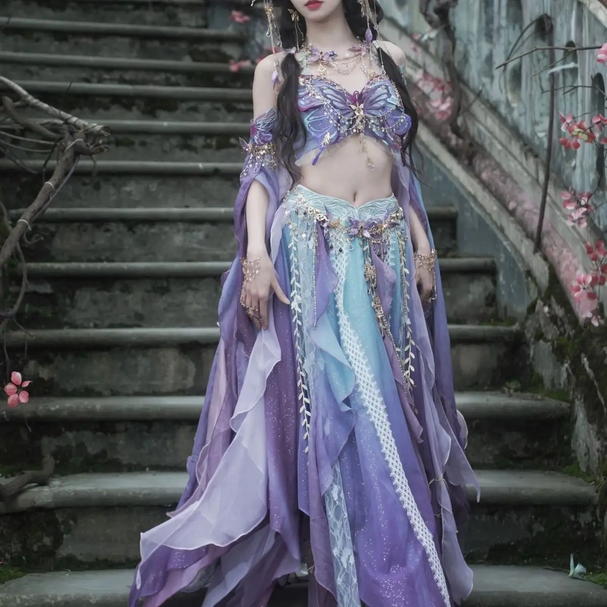 6 cores requintado bordado gradiente cospaly elf borboleta hanfu vestido feminino tradicional ocidental menina vestido de princesa plus size