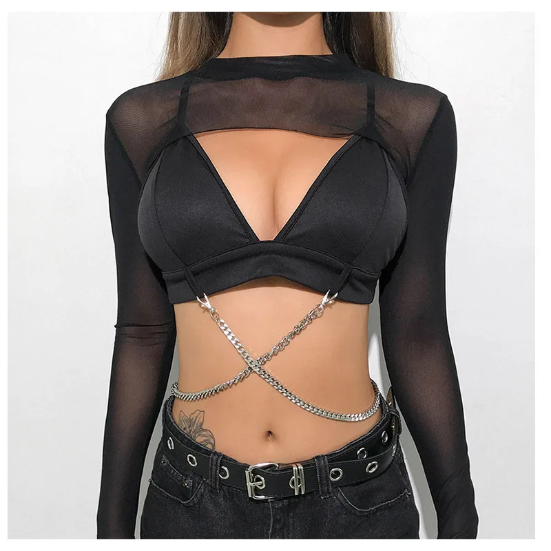Gợi Cảm Nữ Crop Top Lưới Áo Thun Nữ Tay Gợi Cảm Cao Cấp Khoét Hở Trong Suốt Áo Nữ Áo Đen Top Thun tee Áo Sơ Mi