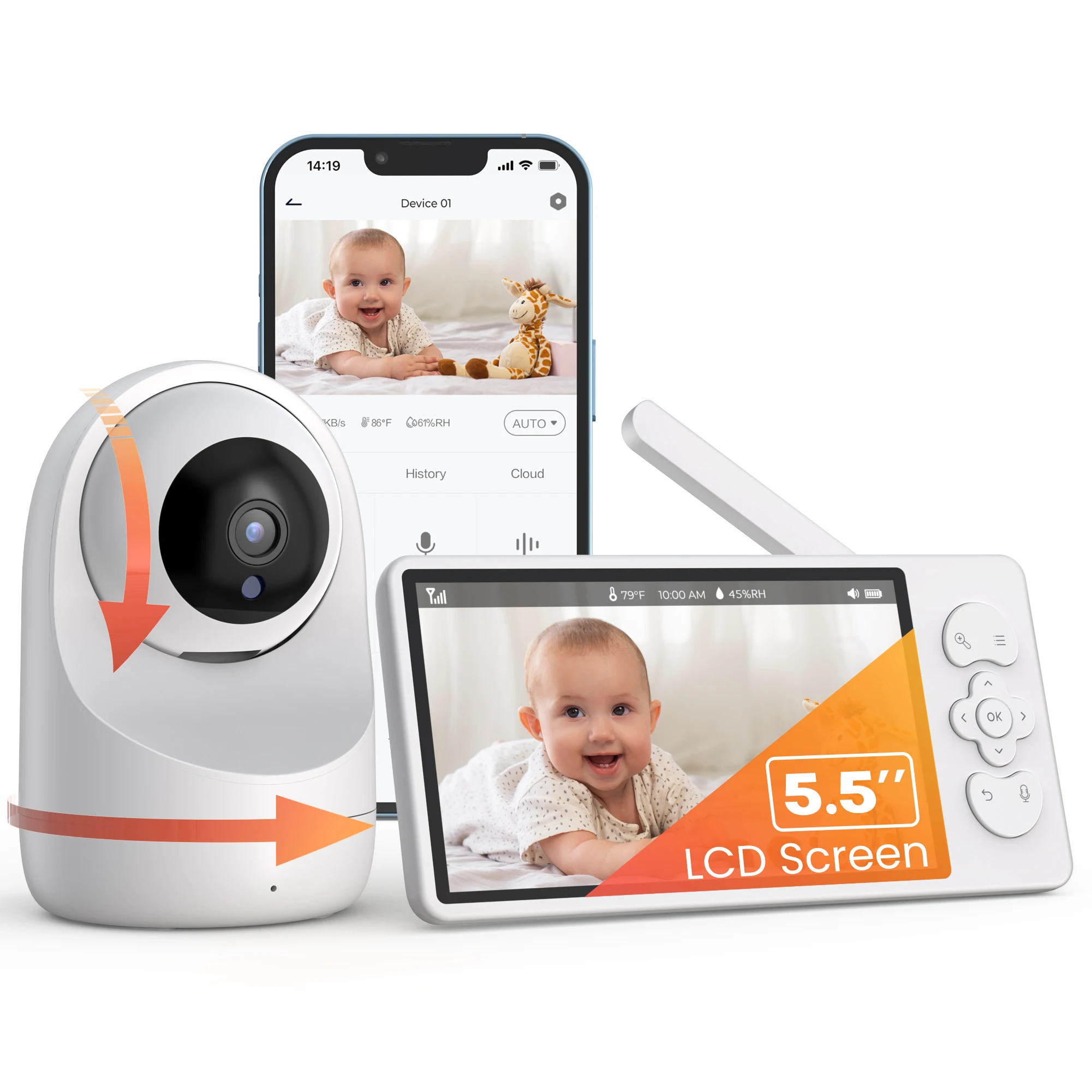 Monitor de bebê câmera de segurança de vigilância wi-fi com tela LCD de 5,5 '', PTZ/detecção de movimento/transporte, visão noturna, aplicativo, temperatura