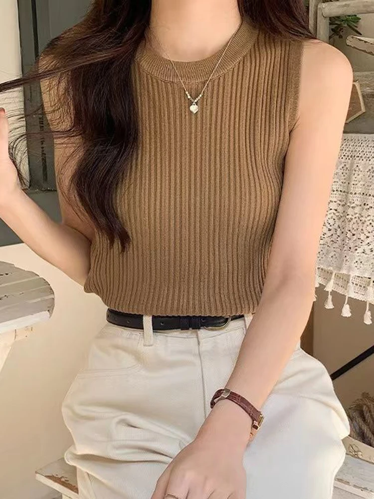 Blusa sem mangas camisa feminina o pescoço costela malha colete tanque simples colete topos verão feminino básico casual topos outfit