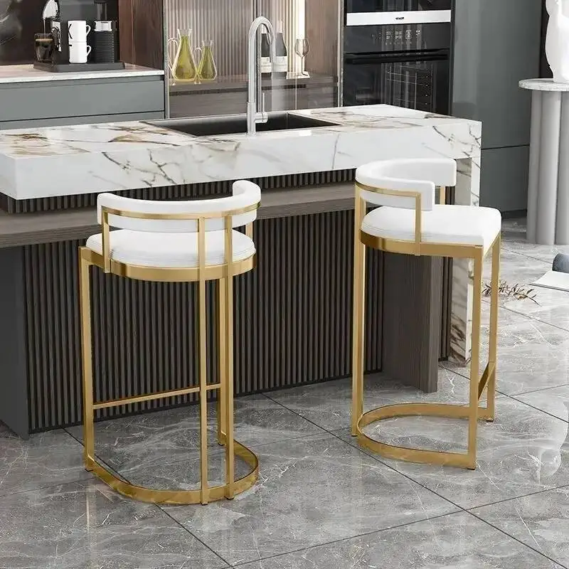Cozinha traseira casa na moda luxo estofado barra cadeira alta fezes curvo ouro moderno estrutura de metal ilha balcão jantar bancos de barra