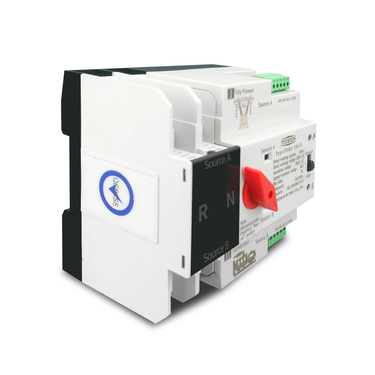 TOMZN carril Din monofásico ATS transferencia automática de doble potencia interruptores eléctricos sin interrupción 50-60hz 2P 63A 100A