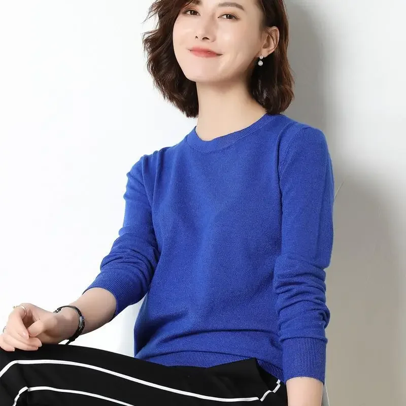 Suéter de mujer 2025 cuello redondo de manga larga Otoño Invierno jerseys moda suéteres coreanos camisas de fondo jerséis de punto ajustados