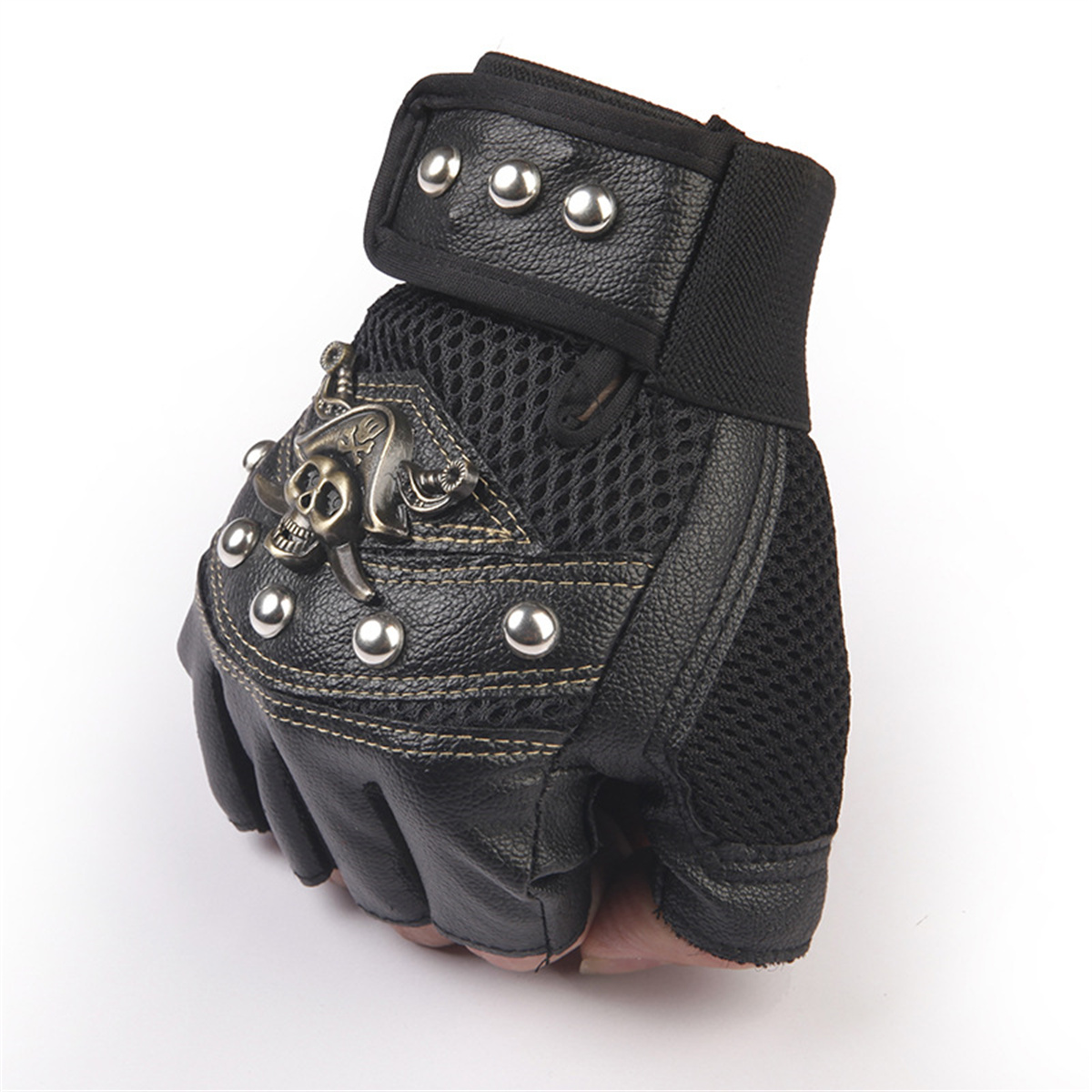 Luvas sem dedos de couro PU, luvas de rebite de caveira masculina e feminina, capitão pirata, luvas de fitness hip-hop, motocicleta ha