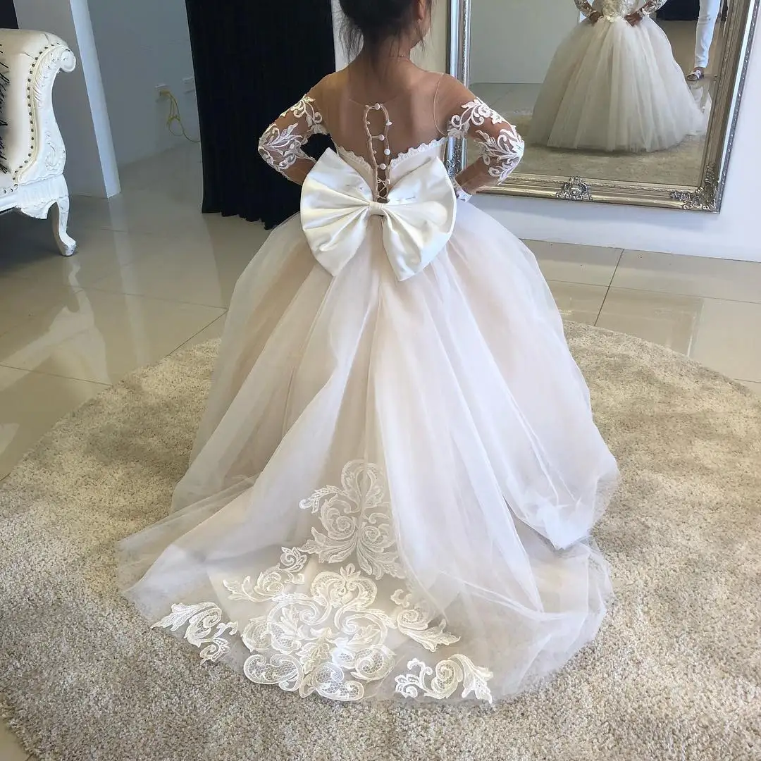 เด็ก First Communion Ball Gown งานแต่งงานชุดเจ้าสาวเด็ก 3-9 ปีลูกไม้ Tulle ดอกไม้สาวแต่งตัวปุ่ม Bows