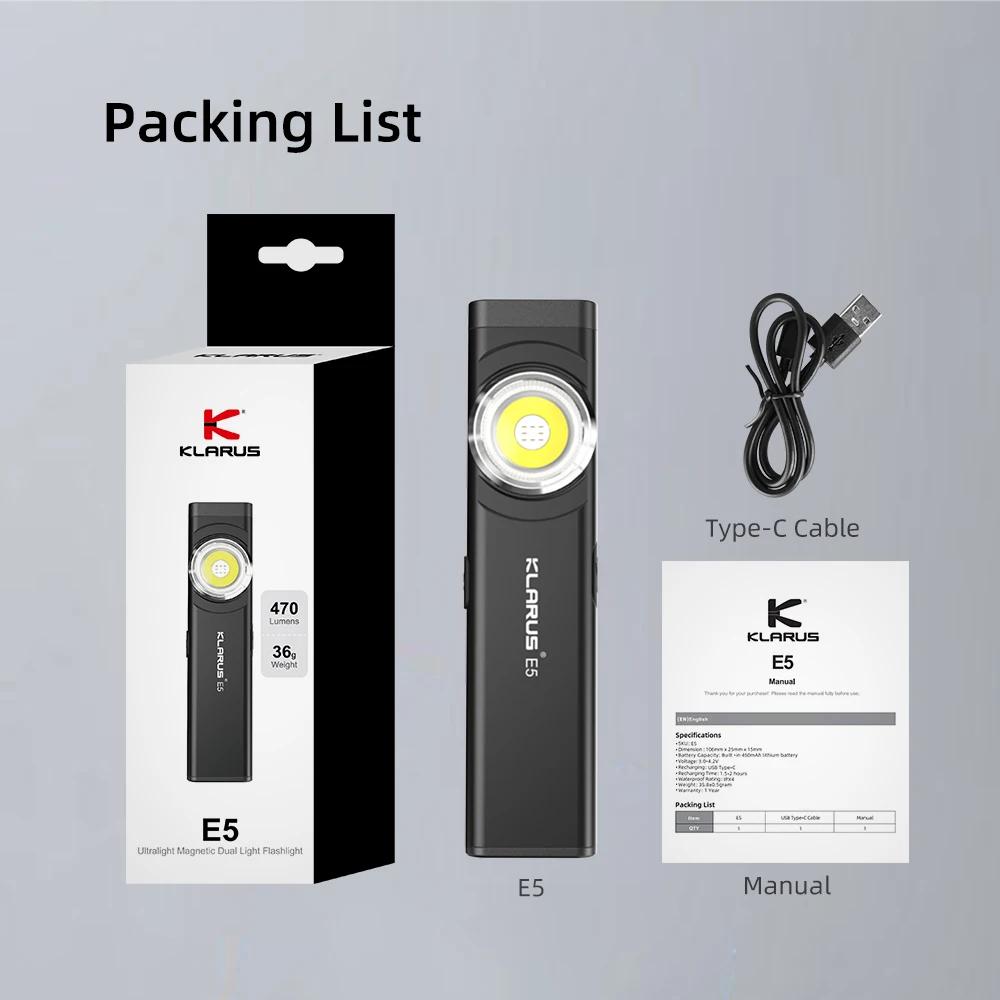Lanterna recarregável Klarus E5 EDC com carregamento USB Lanterna LED Tocha de bateria de íon de lítio embutida 470LM IPX4 com cauda magnética