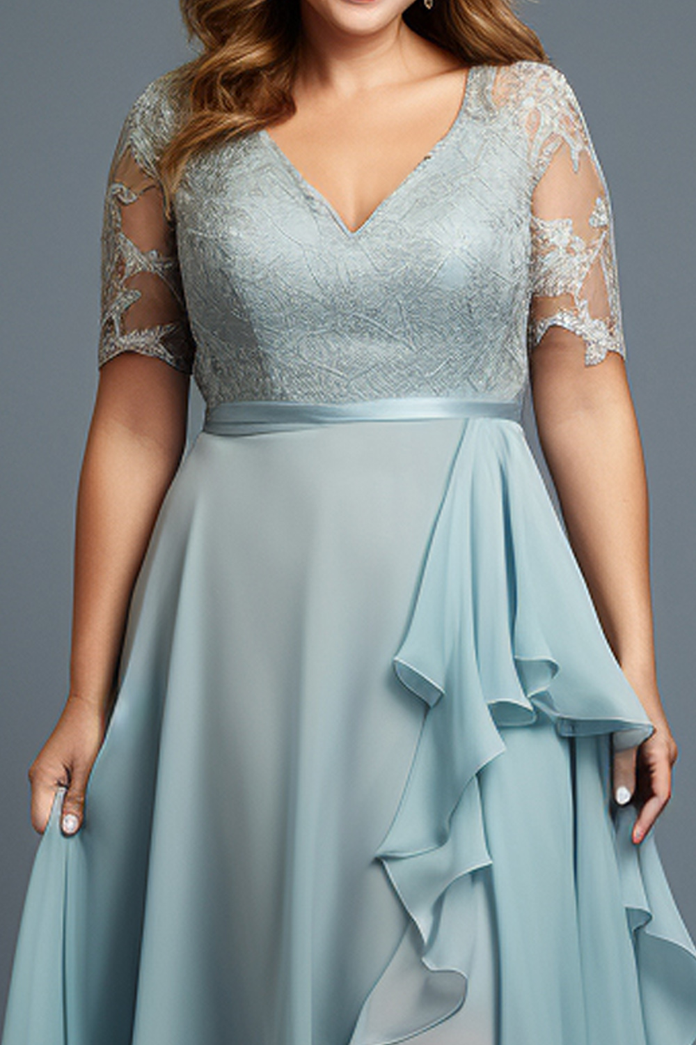 Flycurvy プラスサイズの結婚式のゲスト ライトブルー シフォン レース レイヤード ハイロー ヘム マキシ ドレス