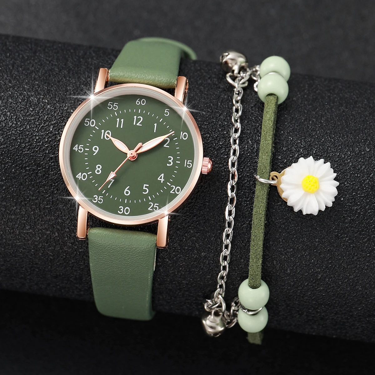 2 ชิ้น/เซ็ตนาฬิกาผู้หญิงแฟชั่นภาษาอาหรับ Dial หนัง Band นาฬิกาควอตซ์สร้อยข้อมือดอกไม้ชุด