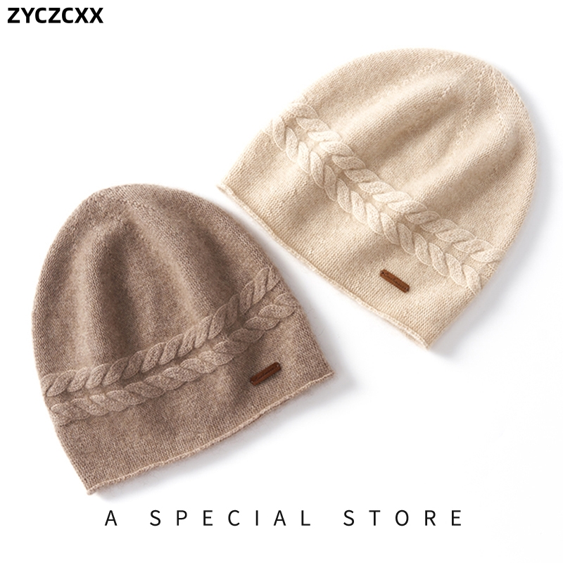 Gorro de Cachemira de cabra Real para mujer, gorro de punto suave, gorros cálidos de esquí, invierno, 2023