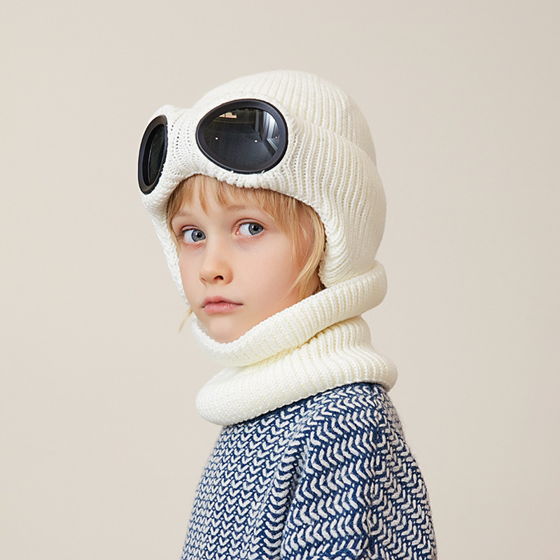 Gorro de invierno para niños de esquí, conjunto de bufanda, gorro tejido para niños con gafas, protección para los oídos, gorros para niñas y niños de 4 a 10 años