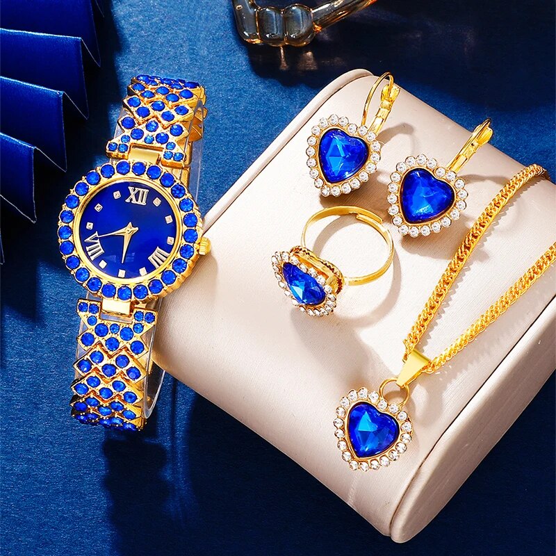 Nuevo reloj de lujo para mujer, collar, pendiente, reloj de pulsera de moda con diamantes de imitación azules, relojes informales para mujer, conjunto de joyería, reloj femenino
