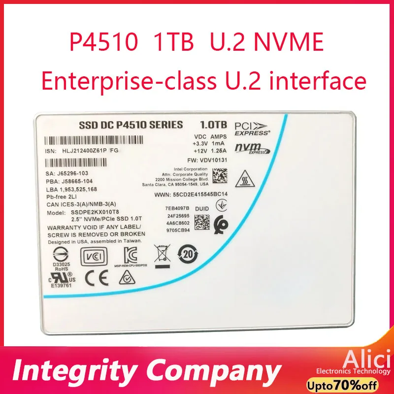 For Intel  SSD P4510 1TB 2TB Series DC NVME U.2 2.5" SSDPE2KX020T8 Enterprise solid state driveOriginal