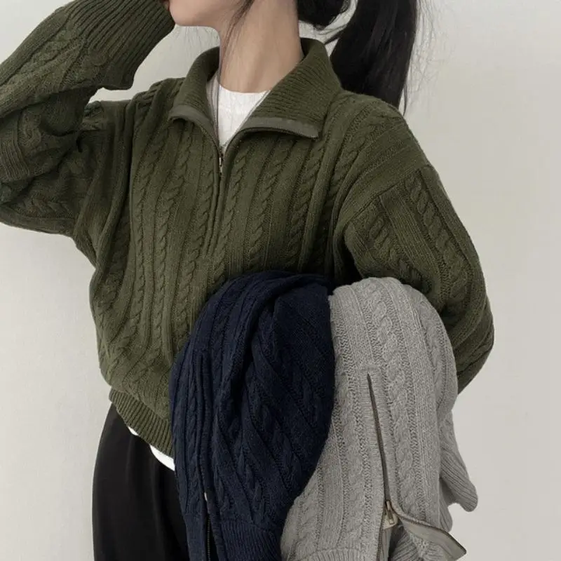 Deeptown moda coreana meio zíper suéteres feminino vintage torcido malha colheita pulôver casual sueter mujer manga longa topos