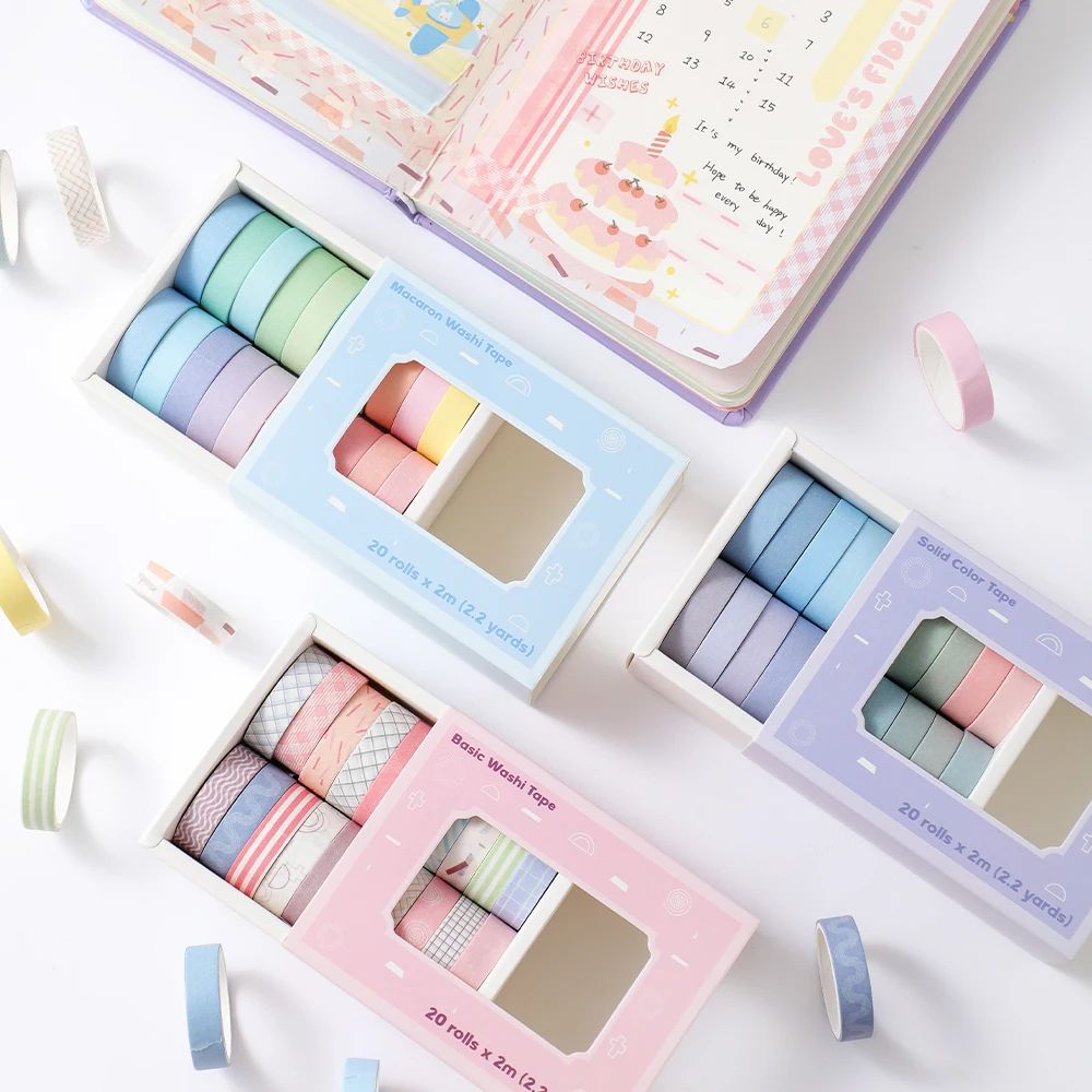 Ensemble de 20 rouleaux de ruban Washi mince coloré, 10mm(0.4 pouces) de large 2m(2.2 Yards), ruban de masquage Long pour journal, Scrapbooking, carnet de notes