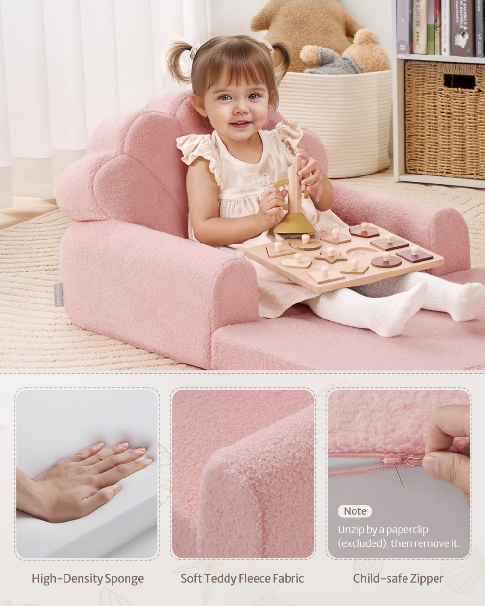 2-in-1 Kids Couch & Lounger, Convertible Toddler Sofa with Washable Cover, Soft Pink Shell Design for Playroom