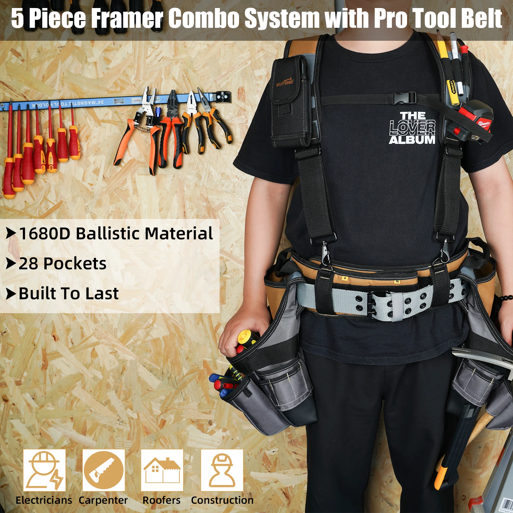 Tool Belt with Sling Tool Pouch Supenders Framer's Comb Apron Construction Tool Pouch Builder Heavy Duty Carpenter's Hanger
