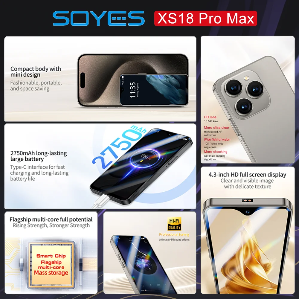 World Premiere SOYES XS18 Pro Max  Mini Smartphone 4.3" Global 4G Android8.1 With 2750mAh Battery Facial Recognition GPS Small