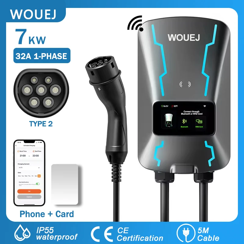 Estación de carga WOUEJ EV tipo 2 7KW 32A 1 fase cargador de coche para vehículo eléctrico Wallbox con pantalla LCD Control de aplicación tarjeta RFID