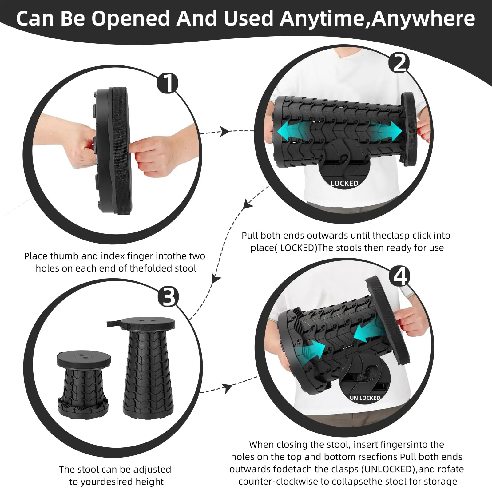 Práctico taburete telescópico plegable con altura ajustable y asa, adecuado para pesca al aire libre, Camping, Picnic y viajes