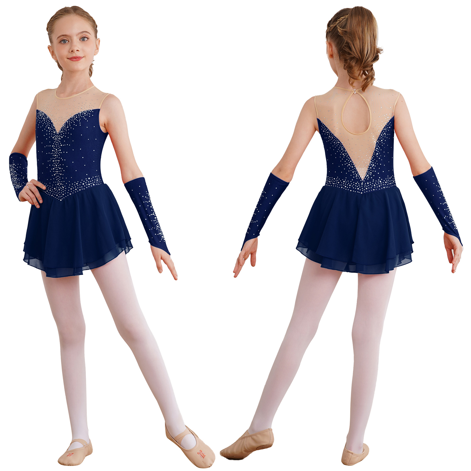 Künstlerisches Eiskunstlauf-Tanzkleid für Kinder, Mädchen, mit Handschuhen, glänzenden Strasssteinen, Rhythmus-Gymnastik-Trikot, lyrisches Ballett-Tutu-Kleid