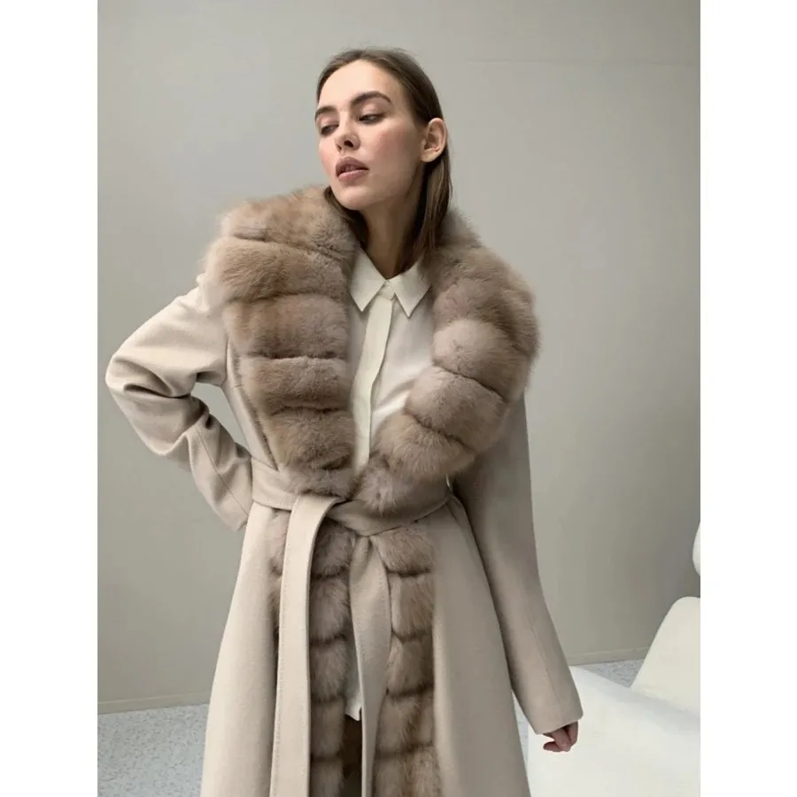 Abrigo largo de Cachemira con cuello de zorro Real para mujer, abrigos de mezcla de lana cálidos, moda de invierno, nuevo estilo, superventas