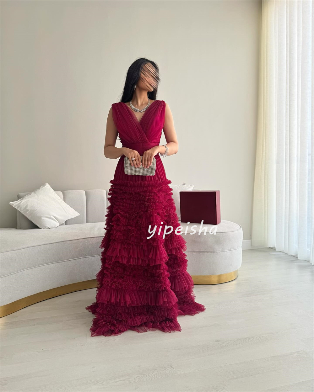 Moda personalizada clássico tule plissado ruched em camadas a linha com decote em v vestidos longos sob medida vestidos de ocasião combinando requintado