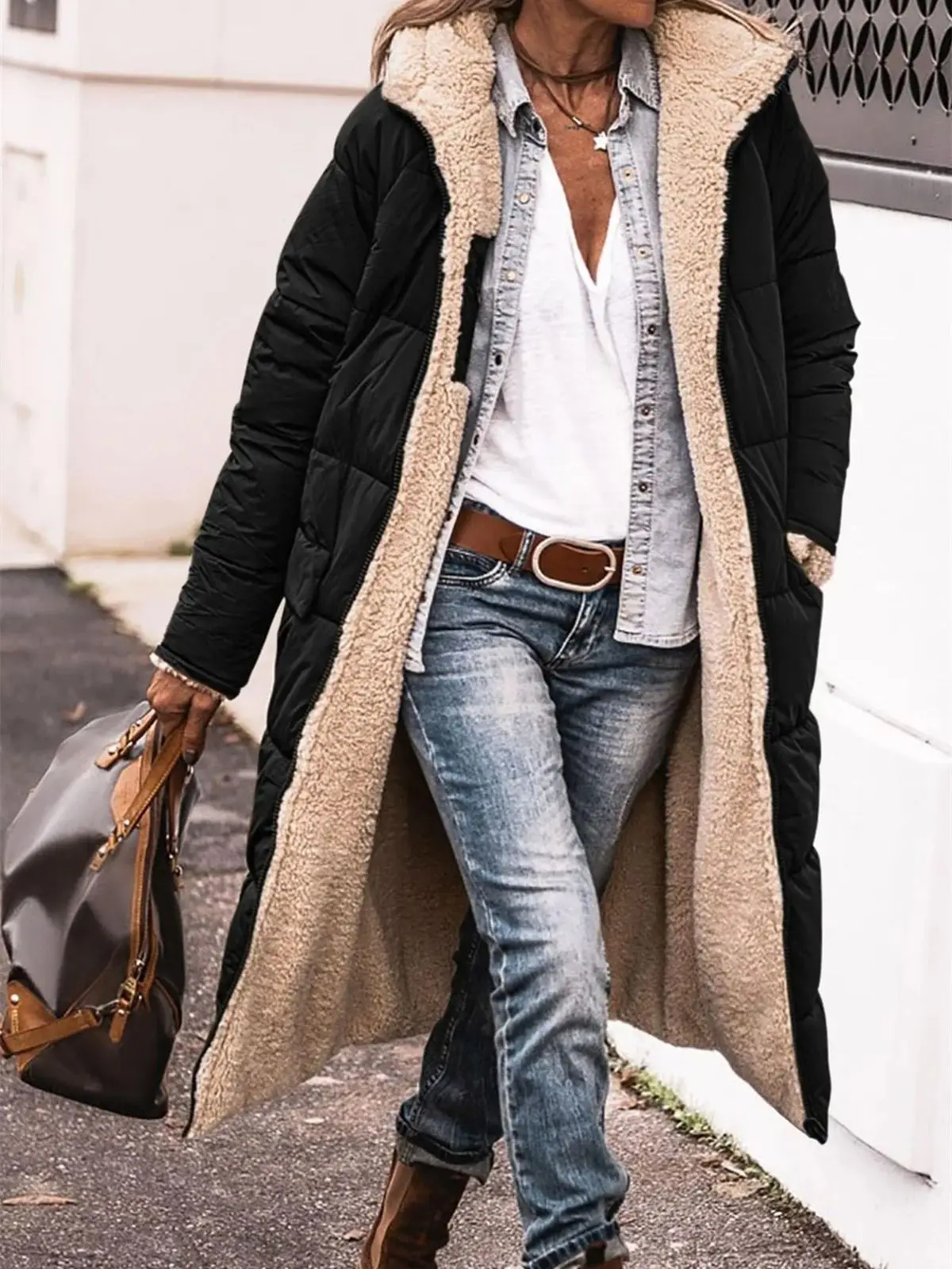 Chaqueta acolchada con capucha de invierno para mujer, abrigo grueso de manga larga Reversible liso, ropa de abrigo larga cálida a la moda, abrigos acolchados informales