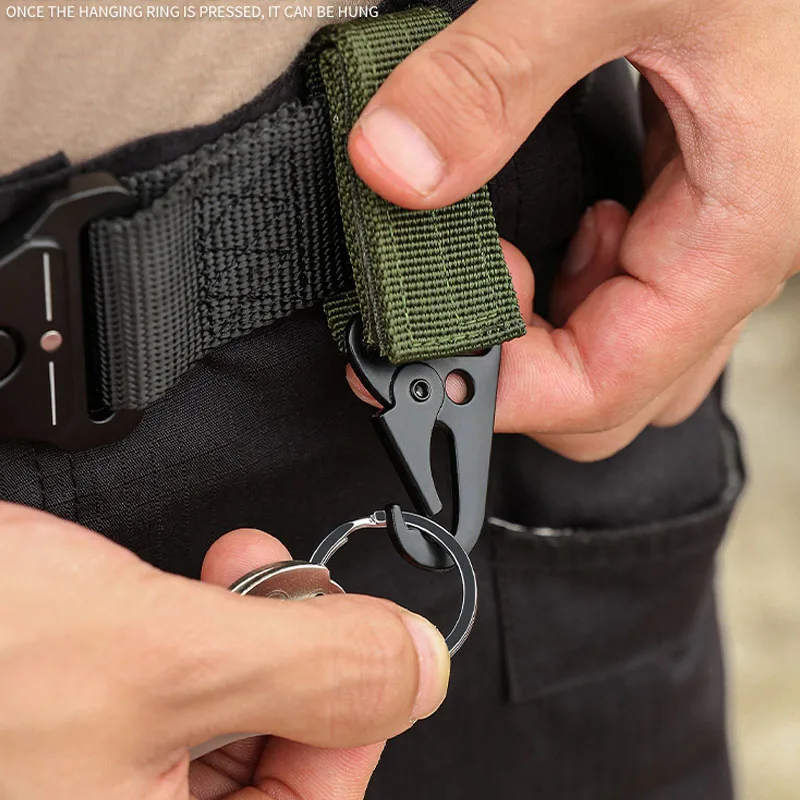 2 PCS.ยุทธวิธีแขวนหัวเข็มขัดMolleไนลอนCarabinerเข็มขัดสามเหลี่ยมพวงกุญแจสําหรับปีนเขากลางแจ้งCampingเครื่องมืออุปกรณ์เสริม