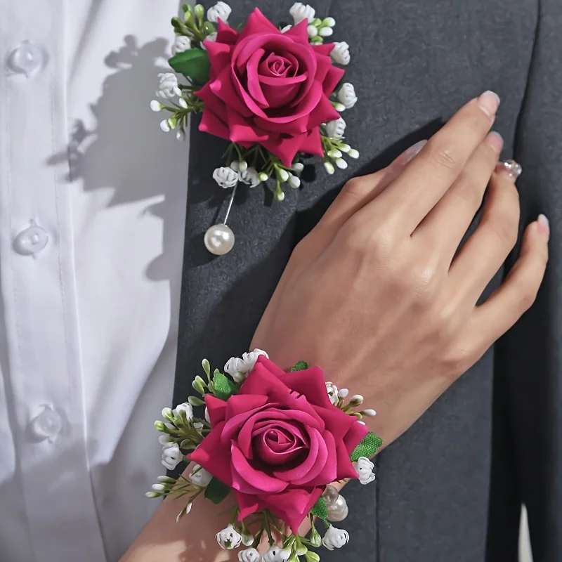 [2pcs Elegant Rose Corsage Set] 2pcs Elegant Rose Corsage and Wrist Flower Set in Polyester Fiber for School Events, Parties