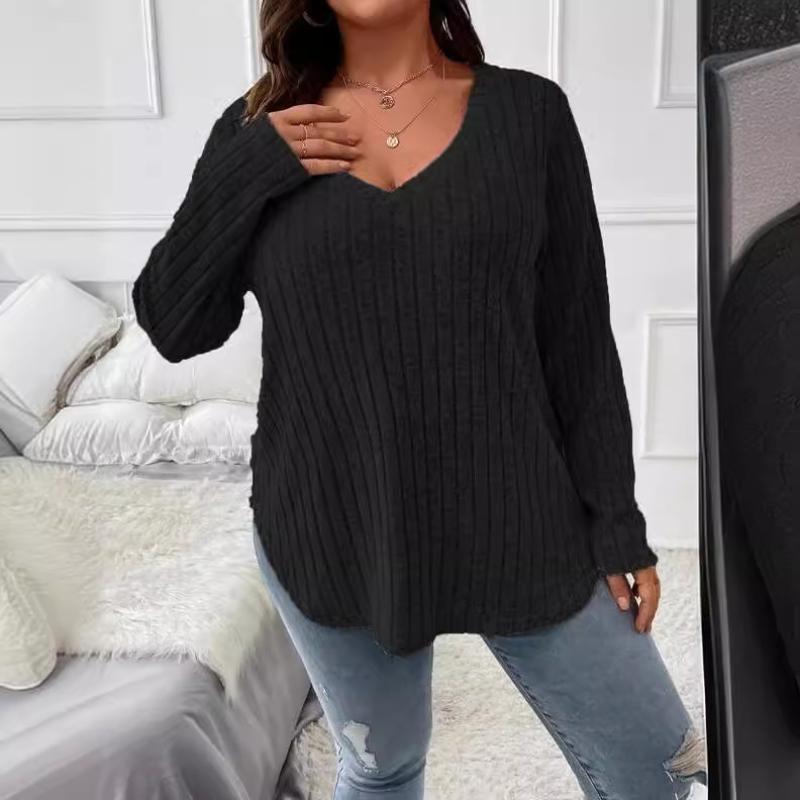 Roupas femininas plus size manga comprida camiseta casual moda decote em v listrado pulôver tops senhoras sólidas camisetas soltas 1xl-5xl