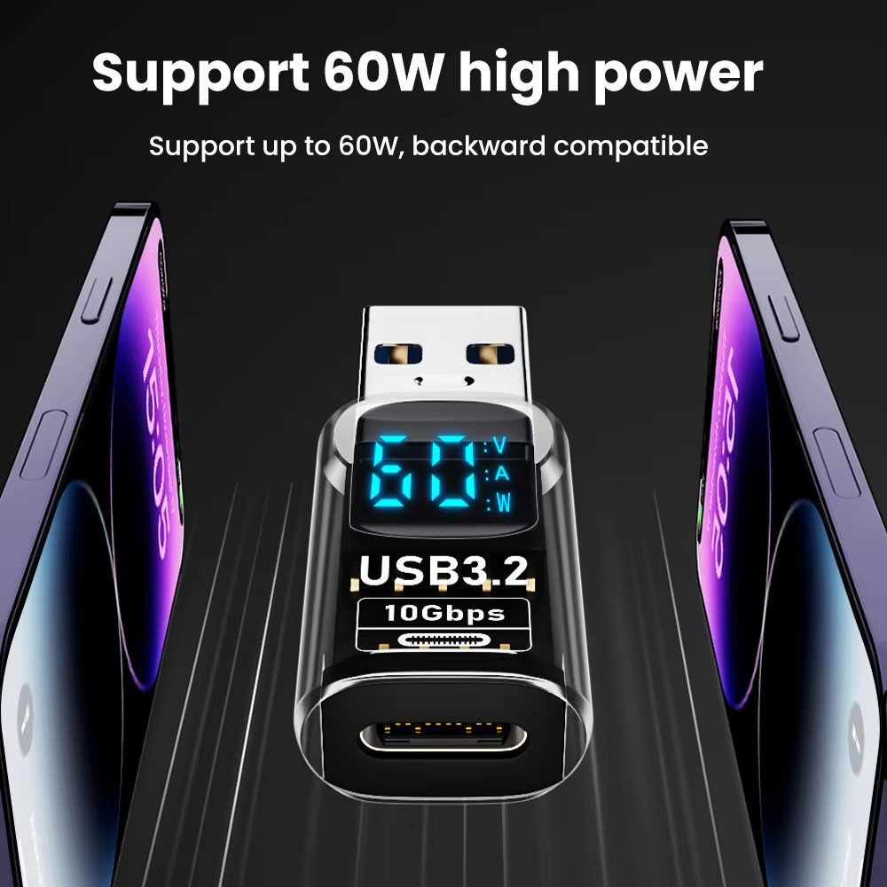Adapter USB 3.2 z cyfrowym wyświetlaczem 10 Gb/s Konwerter USB męski na USB żeński Szybkie ładowanie Transfer danych Adapter USB C do laptopa PC
