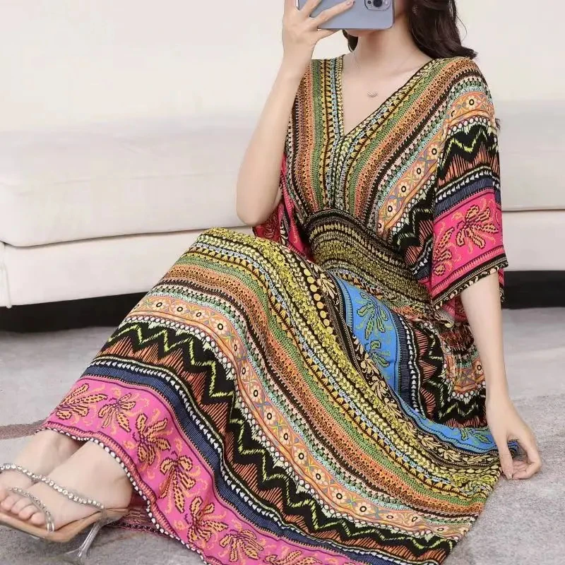 Herbst Chic Trend Süßes lässiges lässiges lässiges bedrucktes Kleid V-Ausschnitt Batwing Kurzarm Midikleid Urlaub Umstandskleid