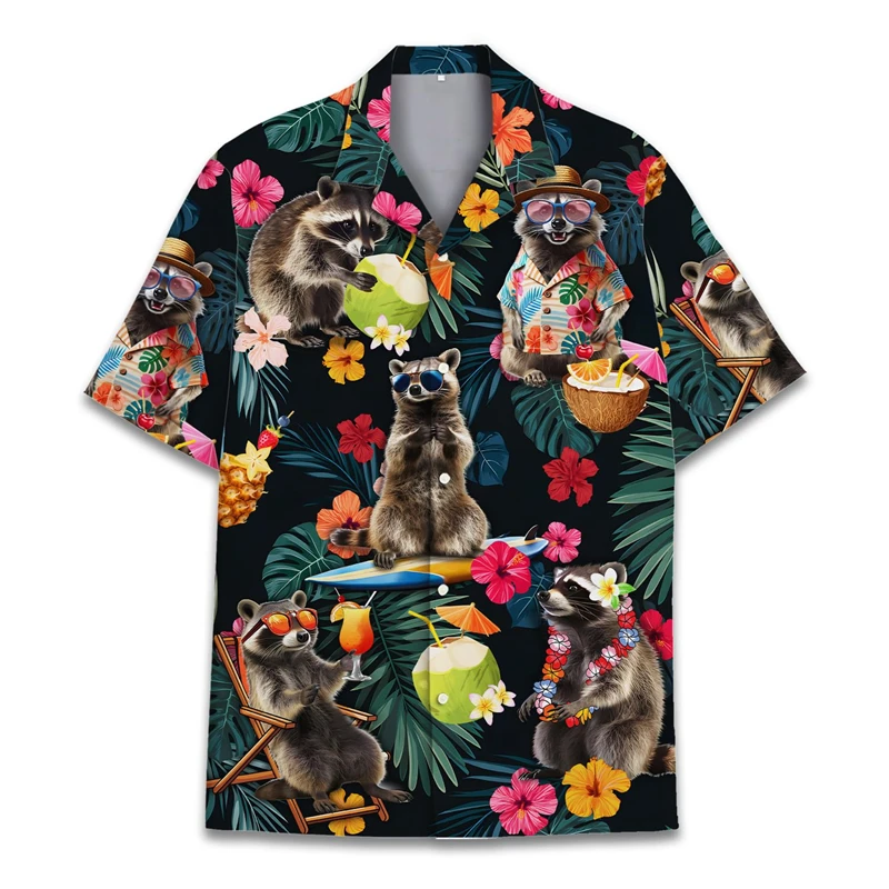 Camisas divertidas con estampado 3D de mapache para hombres, pantalón corto informal hawaiano, blusa con solapa de manga, camisa de manga corta para vacaciones de verano para mujeres y niños